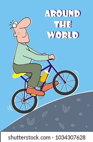 man goes around the world on the bicycle, funny postcard, text, font, vector illustration