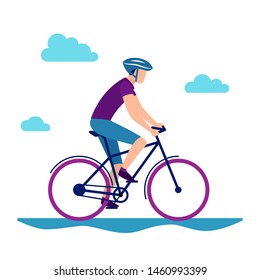 The man goes by bicycle. Cyclings, healthy lifestyle. Eps10 vector flat illustration.