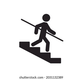 A man goes down the stairs and holds on to the handrail. Caution stairway Use Handrails symbol. Icon warning of danger. Vector illustration isolated on white background.