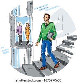 A man goes down the stairs in an office building. Stairs vs elevator. Success. Cartoon funny characters. Vector hand drawn illustration.  