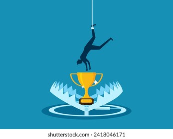 man goes to find a trophy in a trap. Prize fraud. Vector 