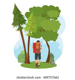 man goes hiking in the woods. isolated nature scene. vector