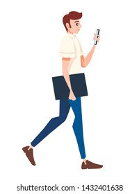 A man goes and holds in one hand a folder for paper in the other hand a smartphone cartoon character design flat vector illustration