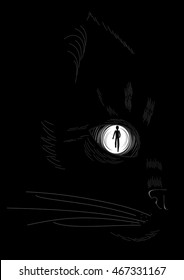 A man goes into a cat eye. After the death or what cats can see. Vector illustration.