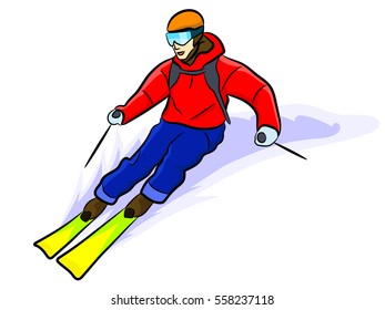 Man goes from the mountain on skis. Color vector illustration.