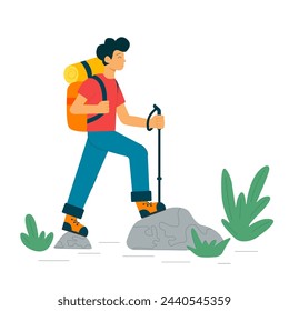 A man goes on a hike. Hiking and trekking in nature. Vector illustration