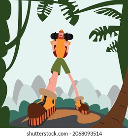 A man goes on a hike in shorts, a hat, with a backpack in boots. Behind the mountainous terrain on the horizon, and ahead of the tropics. Vector illustration.