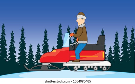 Man goes on snowmobile on winter wood