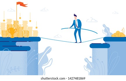 Man Goes on Tightrope View in front Coin. From Poverty to Wealth. Achive Goal. Vector Illustration. Way to Victory. Financial Stability. Business Plan. Cash Savings. Save Money. Risk and Victory.