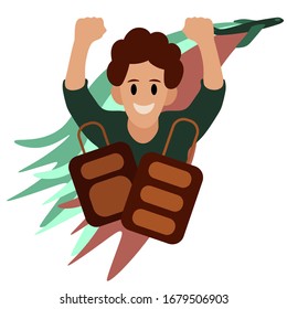 Man goes on a trip on an airplane with suitcases.  Travel abroad, summer vacation trip. Sticker, emblem for the airport. Satisfied passenger of the plane. Flat cartoon colorful vector illustration.