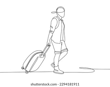 A man goes on a trip with a suitcase. Tourist. Vacation trip. World Responsible Tourism Day. One line drawing for different uses. Vector illustration.