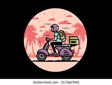 Man goes on vacation riding scooter illustration design