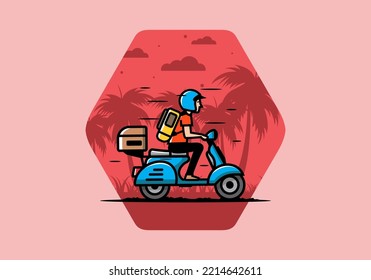 Man goes on vacation riding scooter illustration design