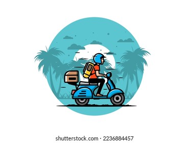 Man goes on vacation riding scooter illustration design