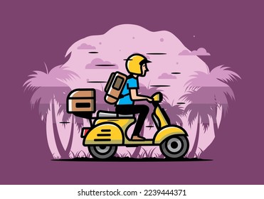 Man goes on vacation riding scooter illustration design