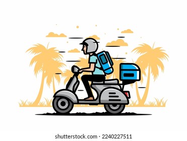 Man goes on vacation riding scooter illustration design