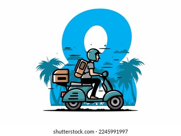 Man goes on vacation riding scooter illustration design