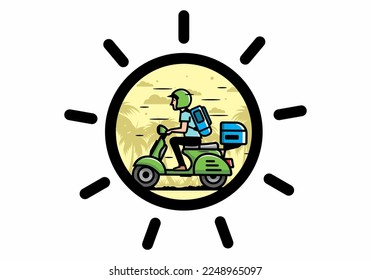 Man goes on vacation riding scooter illustration design