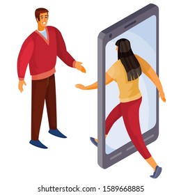 man goes out of the phone and woman goes into the phone, isolated object on a white background, vector illustration