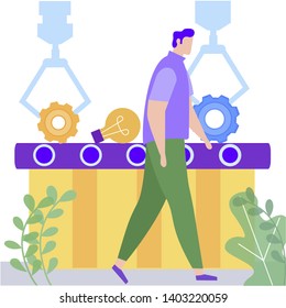 Man Goes Past Conveyor. Idea Generation. Creating Business Ideas. New Technologies. People and Industrial Equipment. Development at Factory. Reward for New Idea. Work on Project. Vector Illustration.