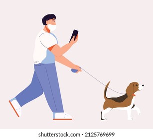 The man goes to the phone in his  hand. The man is walking. The man in the mask. Walking the dog on a leash. Beagle walk. Vector modern flat illustration. Isolated objects.