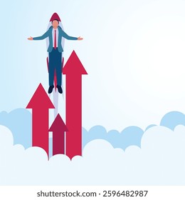 A man goes up in a rocket with an arrow going up. A metaphorical illustration of increasing sales, accelerating profits and increasing revenue.