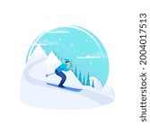 Man goes skiing in the mountains, has a great winter vacation. Christmas holidays. 2D characters.