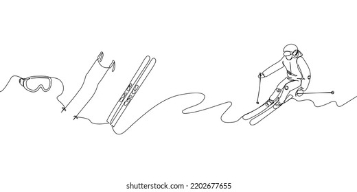 Man goes skiing with ski, racing poles and goggles set one line art. Continuous line drawing sport, winter sports, do tricks, skis, ski poles, goggles, extreme, uniform, man, woman, leisure, hobby.