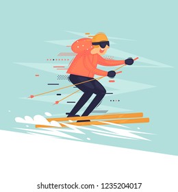 Man goes skiing, sports, extreme. Flat vector illustration in cartoon style.