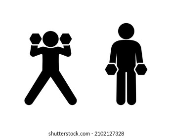 man goes in for sports, exercises with dumbbells, stick figure icon people
