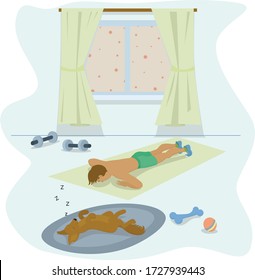 A man goes in for sports at home. His dog is sleeping near. Outside is dangerous.