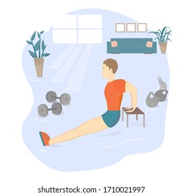 A man goes in for sports at home. Shakes muscles with dumbbells, weights. Leads a healthy lifestyle on self-isolation.The room has a lot of sunshine, flowers and a cat. Quarantine. Vector graphics. Wo