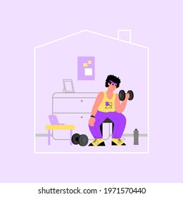 A man goes in for sports at home. Stay at home, keep yourself in shape. Healthy lifestyle. Coronavirus quarantine isolation. Vector flat illustration.