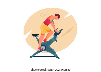 Man goes in for sports on bicycle simulator Illustration concept. Flat illustration isolated on white background.