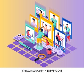 A man goes in for sports stands near the several virtual screens with people of different professions. Guy student chooses a profession, looks at workers of modern specialties, learns remotely