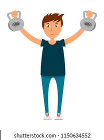man goes in for sports,sports equipment to practice weightlifting,metal dumbbells,healthy lifestyle, vector image, flat design, cartoon character