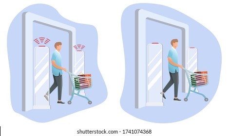 Man goes through anti-theft sensor gates. System reports theft. Security system detect barcode and notify. Vector, illustration. No signal from gates - no stolen items.