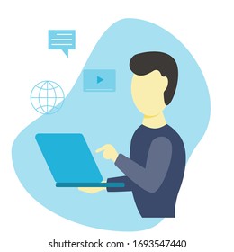 Man goes through online training. Flat design