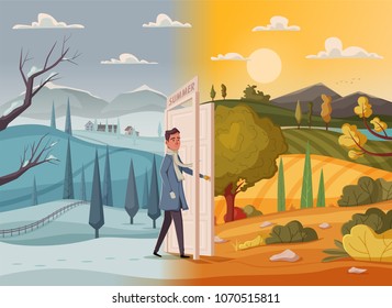 Man goes throught open door. Valley landscape. Cartoon vector illustration. Vintage poster. Welcome to real world. Retro style. Welcome to summer. Doorway to the holidays. Concept of seasons