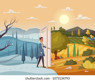 Man goes throught open door. Valley landscape. Cartoon vector illustration. Vintage poster. Welcome to summer.