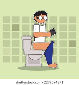 A man goes to the toilet with a phone, a man on the toilet. Vector image, clipart, vector, toilet room. Men's toilet.