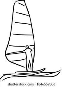 A man goes Windsurfing on the waves. Vector Doodle illustration for greeting cards, summer and tourist design, logos.