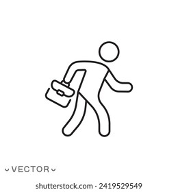man goes to work, employee going to work, thin line employee going to work icon isolated on white background. Editable stroke eps 10 vector illustration