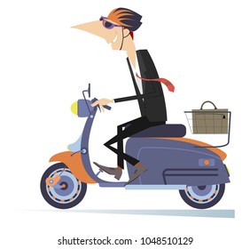 Man goes to work on the scooter isolated illustration
Businessman with a bag goes to work on the scooter isolated on white illustration vector 
