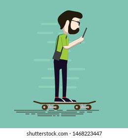 a man goes to work on a skateboard and reads text on a tablet. guy with a beard rides on a skateboard.