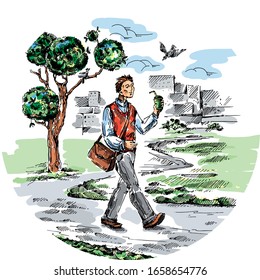 Man goes to work through the park. Healthy lifestyle. Cartoon funny characters. Vector hand drawn illustration. Card