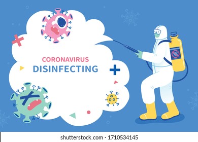 A man with goggles and white hazmat suits holding a disinfectant sprayer and bravely fighting the coronavirus, isolated on blue background in flat style