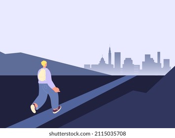 Man Going In Adult Life. New Way Metaphor, Young Boy Or Student Go To Big City. Road To Megapolis, Person Following The Dream. Adventures, Journey And Opportunities, Vector Scene