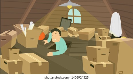 man going up the attic full of boxes vector illustration