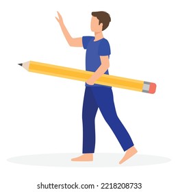 Man is going with big pencil isolated on white background. Vector illustration.